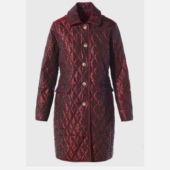 Chico's Jackets & Blazers - Chico’s Long Quilted Animal Print Coat in Deep Red, Size 0 (fits Size 4)